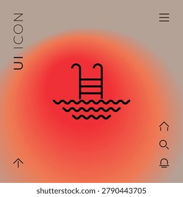 Swimming pool ladder line icon showing steps descending into water waves representing summer hotel resort recreation equipment designed for safe aquatic exercise and swimming pool relaxation sport