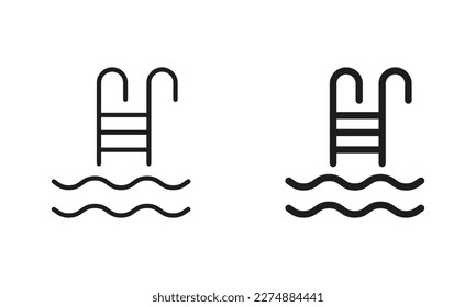 Swimming Pool Ladder Silhouette and Line Icon Set. Stairs for Swim Pool Black Sign. Summer Vacation, Relaxation, Sport Exercise, Active Rest in Pool Symbol Collection. Isolated Vector Illustration.