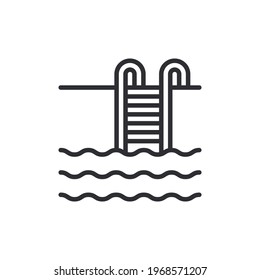 Swimming Pool Ladder Vector Icon. Swimming Pool With Stairs Icon, Swimming Pool Thin Line Icon With Stairs Ladder And Water. Vector Illustration For Olympic Pool And Hotel, Resort, Camping.