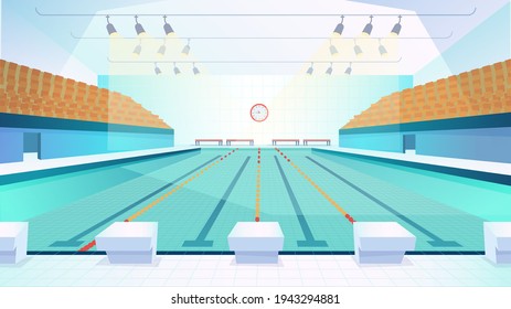 Swimming pool landing page in flat cartoon style. Modern indoor stadium pool with lanes and tribune. Sports arena with spotlights. Recreation or competition. Vector illustration of web background