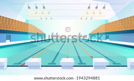 Swimming pool landing page in flat cartoon style. Modern indoor stadium pool with lanes and tribune. Sports arena with spotlights. Recreation or competition. Vector illustration of web background