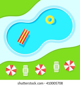 Swimming pool, landscape top view. Inflatable ring and mattress for swimming, sun umbrellas and chaise on the grass. Color vector illustration isolated on white background for web design or print
