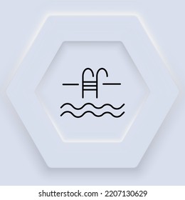 Swimming pool line icon. Ladder for descent into the water, drop, bathing, wave, sea, ocean. Diving concept. Neomorphism style. Vector line icon for Business