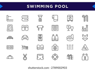 Swimming pool line icon set. Maintenance tools, safety equipment, water accessories, spa elements, scuba diving, fins, air tank line icon set. UI thin line icon pack.