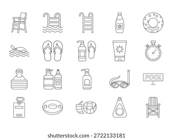 Conjunto de iconos de línea de piscina: silla de salvavidas, escalera, protector solar, gafas, snorkel, anillo flotante - Vector