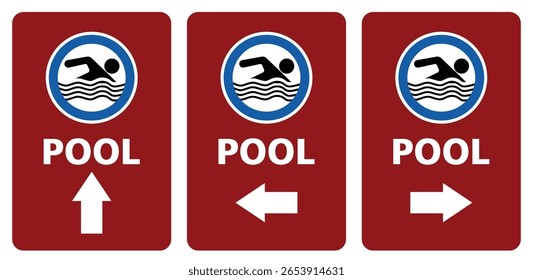 swimming pool location direction sign in red background