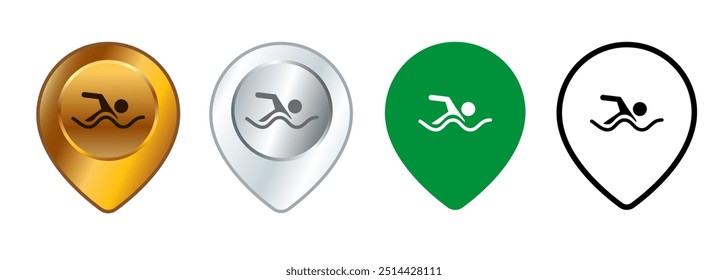 Swimming pool location navigation destination place sign swim symbol map position pinpoint design set collection icons