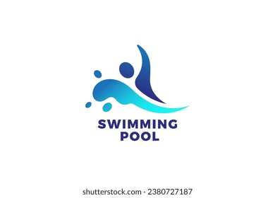 Swimming Pool Logo Design Vector template. Man Swim in Water Splash Logotype concept icon.