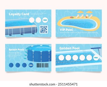 Cartão de programa de fidelidade de piscina para águas de sol modelo de projeto de recreação conjunto ilustração vetorial. Relaxamento de verão e atividade desportiva voucher recolher selo de autocolante gratuitamente