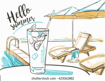 Swimming pool of luxury hotel, cocktail with fresh lime at the beach, umbrellas and  sunbeds. Summer day. Vector watercolor illustration