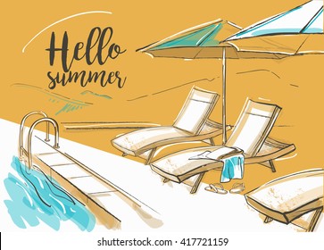 Swimming pool of luxury hotel with umbrellas and chairs. Summer day. Vector watercolor illustration