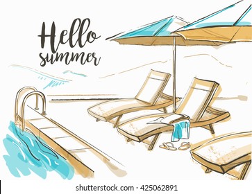 Swimming pool of luxury hotel with umbrellas and chairs. Summer day. Vector watercolor illustration