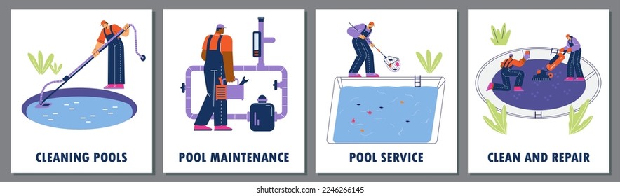 Juego de tarjetas de servicio de mantenimiento, limpieza y reparación de piscinas, ilustración vectorial plana. Colección de pancartas o carteles para la empresa de mantenimiento de piscinas.