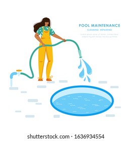 Swimming pool maintenance or cleaning service, young girl in uniform fills the swimming pool with hose water, worker with equipment - flat vector for website, landing, banner or company advertising