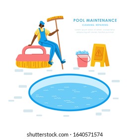 Swimming pool maintenance or cleaning service, girl in uniform clean swimming pool with brush and soap, tool for pool servicing, worker with equipment - flat vector for website, landing page, banner