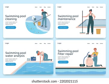 Swimming pool maintenance flat web site banners set with workers in uniform cleaning doing water analysis and repairing filter isolated vector illustration