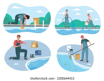 Swimming pool maintenance service 2x2 set with workers in uniform removing leaves cleaning doing water analysis isolated flat vector illustration