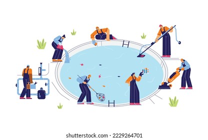 Swimming pool maintenance service, flat vector illustration isolated on white background. Group of people cleaning, washing and adding chlorine to big round pool.