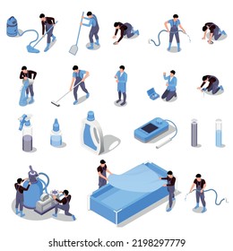 Swimming pool maintenance service isometric set with isolated icons of detergents tools and characters of workers vector illustration