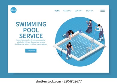 Swimming pool maintenance service isometric web site landing page with round composition clickable links and text vector illustration