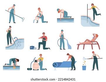 Swimming pool maintenance service workers with equipment flat set isolated vector illustration