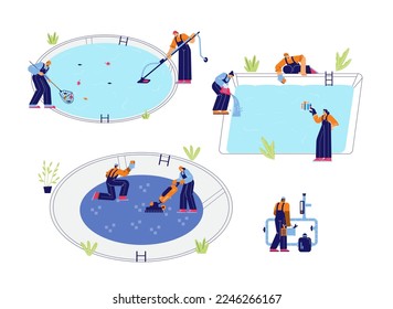 Swimming pool maintenance service workers cleaning a pool with machinery and chemistry set of flat cartoon vector illustrations isolated on white background.