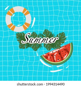 Swimming pool with swimming mat and rubber ring. Picture, postcard, wallpaper, poster, sticker, banner, background, cover, image, logo, pattern.