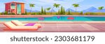 Swimming pool near house hotel vector illustration. Villa resort building exterior with poolside area on backyard. Tropical lounge cottage on sunny day with mountains landscape to rest outside