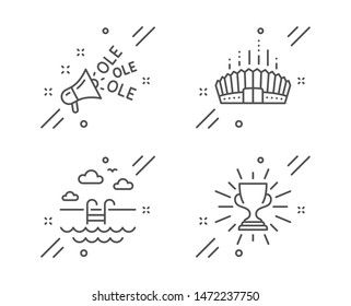 Swimming pool, Ole chant and Arena stadium line icons set. Trophy sign. Basin, Megaphone, Competition building. Winner cup. Sports set. Line swimming pool outline icon. Vector