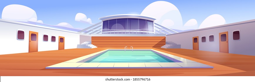 Swimming pool on cruise liner, empty ship deck with wooden floor and door portholes. Modern luxury sailboat in sea or ocean. Passenger vessel with water pond at summer time Cartoon vector illustration