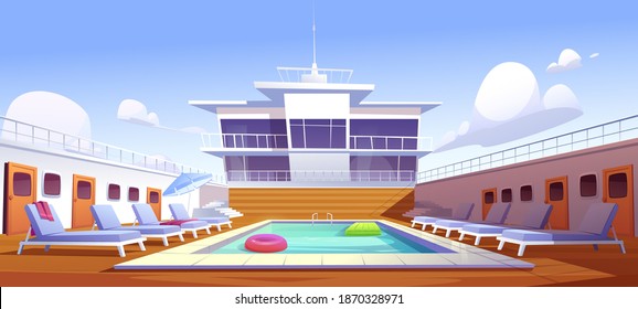 Swimming pool on cruise liner, empty ship deck with sun loungers, wooden floor and door portholes. Modern luxury sailboat in sea or ocean. Passenger vessel with water pond, Cartoon vector illustration - Shutterstock ID 1870328971