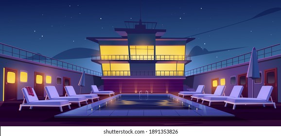 Swimming pool on cruise liner at night, empty ship deck with sun loungers, umbrellas and illumination. Luxury sailboat in sea or ocean. Passenger vessel under starry sky, Cartoon vector illustration