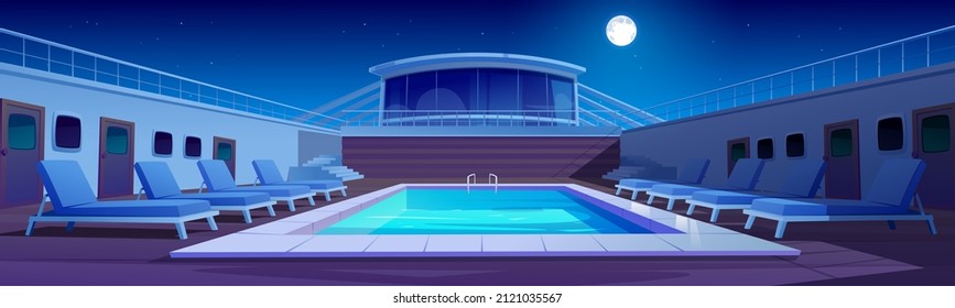 Swimming pool on cruise liner at night, ship deck with sun loungers, wooden floor and door portholes under starry sky with full moon glow, luxury sailboat in sea or ocean, Cartoon vector illustration