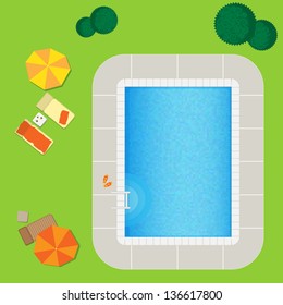 Swimming Pool On A Green Meadow With Umbrella And Chaise Lounge.