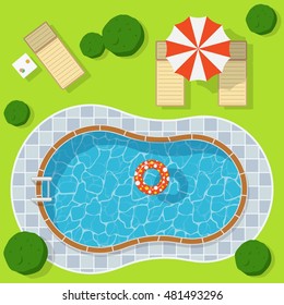 Swimming pool on a green meadow with umbrella and chaise lounge. Blue water leisure relaxation holiday travel. Resort swimming vector pool luxury lifestyle tropical outdoor.