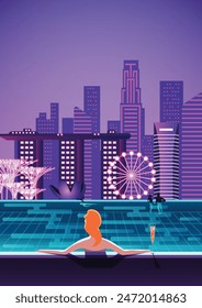 Schwimmbad auf dem hohen Gebäude in der Stadt in der Nacht