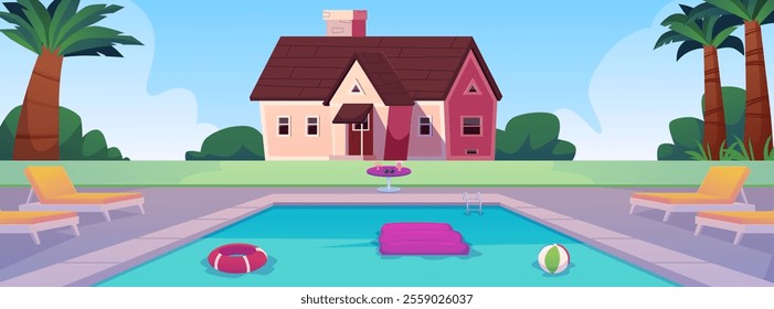 Swimming pool on residence backyard vector flat illustration. Cartoon swimming pool with sunbeds and inflatable ring, ball. Summer lawn with house, palm trees on the tropical resort