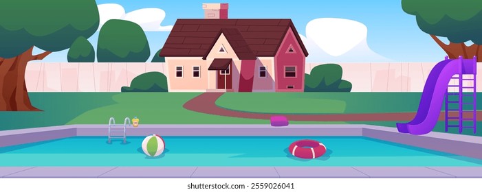 Swimming pool on residence backyard vector flat illustration. Cartoon swimming pool with slide and inflatable ring, ball. Summer lawn with house, trees and fence