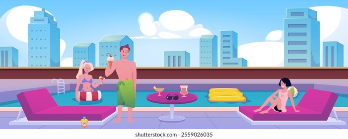 Swimming pool on the roof of the residence building vector flat illustration. Cartoon swimming pool with sunbeds and inflatable ring, mattress. People enjoy cocktails drinks on summer resort