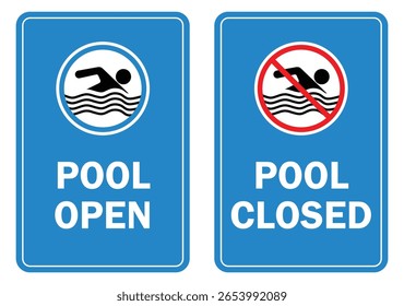 swimming pool open and close sign in blue