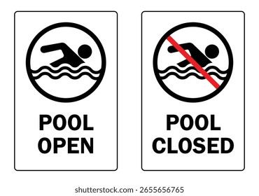 swimming pool open and close sign on black and white background