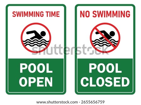 swimming pool open and close sign ion green and white background swimming time