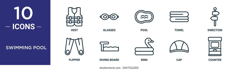 swimming pool outline icon set includes thin line vest, glasses, pool, towel, direction, flipper, diving board icons for report, presentation, diagram, web design