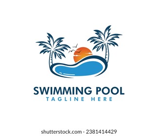 Swimming Pool With Palm Tree modern Logo Design Template.