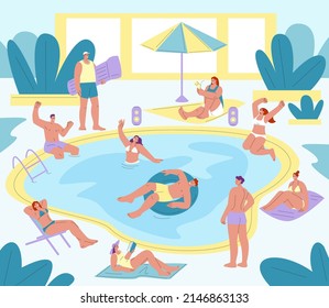 Fiesta en la piscina. Los amigos se relajan juntos en el club de verano, bebiendo, leyendo y nadando. La gente juega, la escena vectorial de vacaciones de los adolescentes kicky