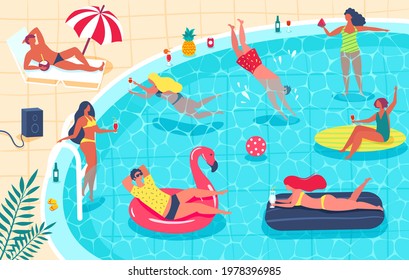 Swimming pool party. Men and women in swimsuit sunbathing, drinking cocktails, relaxing. Summer party, water activity vector illustration. People having fun, eating exotic fruit, floating