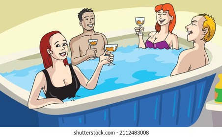 Swimming pool party. Men and women in swimsuit  drinking cocktails, relaxing.