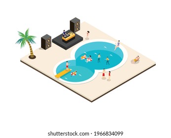 Swimming pool party vector concept. Crowd young people dancing together and enjoying music from DJ in the swimming pool