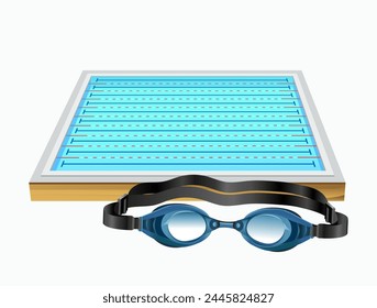 Swimming pool with paths and swimming goggles on a white background. Vector 3d illustration