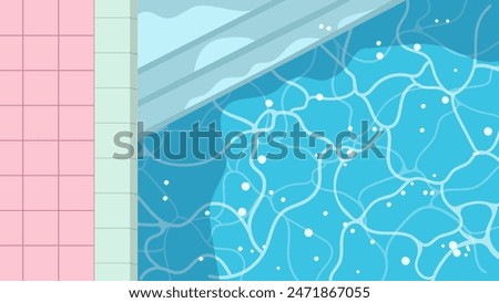 Swimming pool pattern with clear blue water and pink tiled border. Clean, refreshing, and calm swimming pool design with wavy water lines and bubbles. Flat vector illustration
